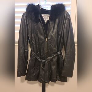 Beautiful Black Leather Jacket with fur trim hoodie.  Women's size Med. Like New